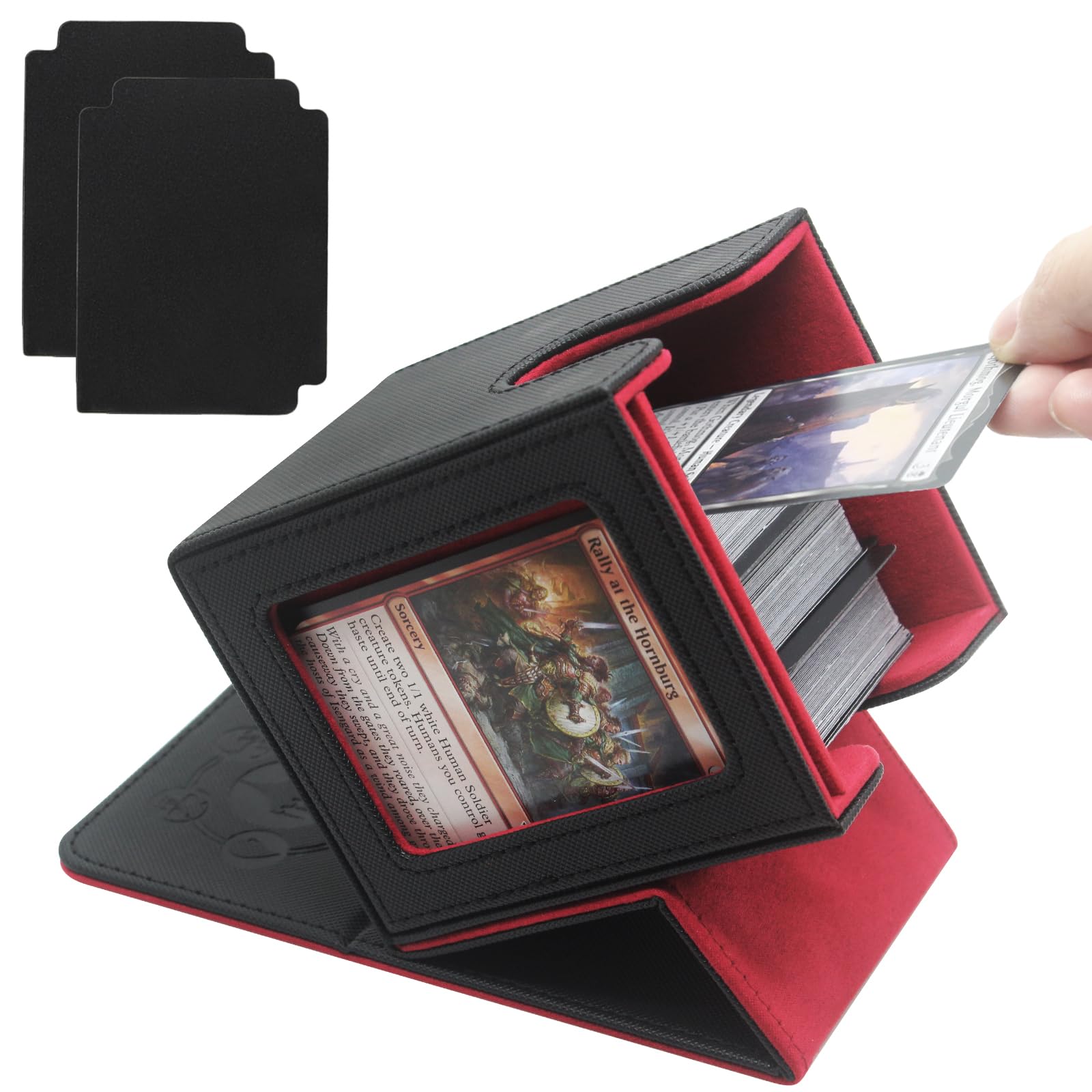 MTG Deck Box for Commander DisplayCard Deck Box Holds 100 Double Sleeved Cards PU Leather Trading Card Storage Box for TCG with 2 Dividers (Black&Red)